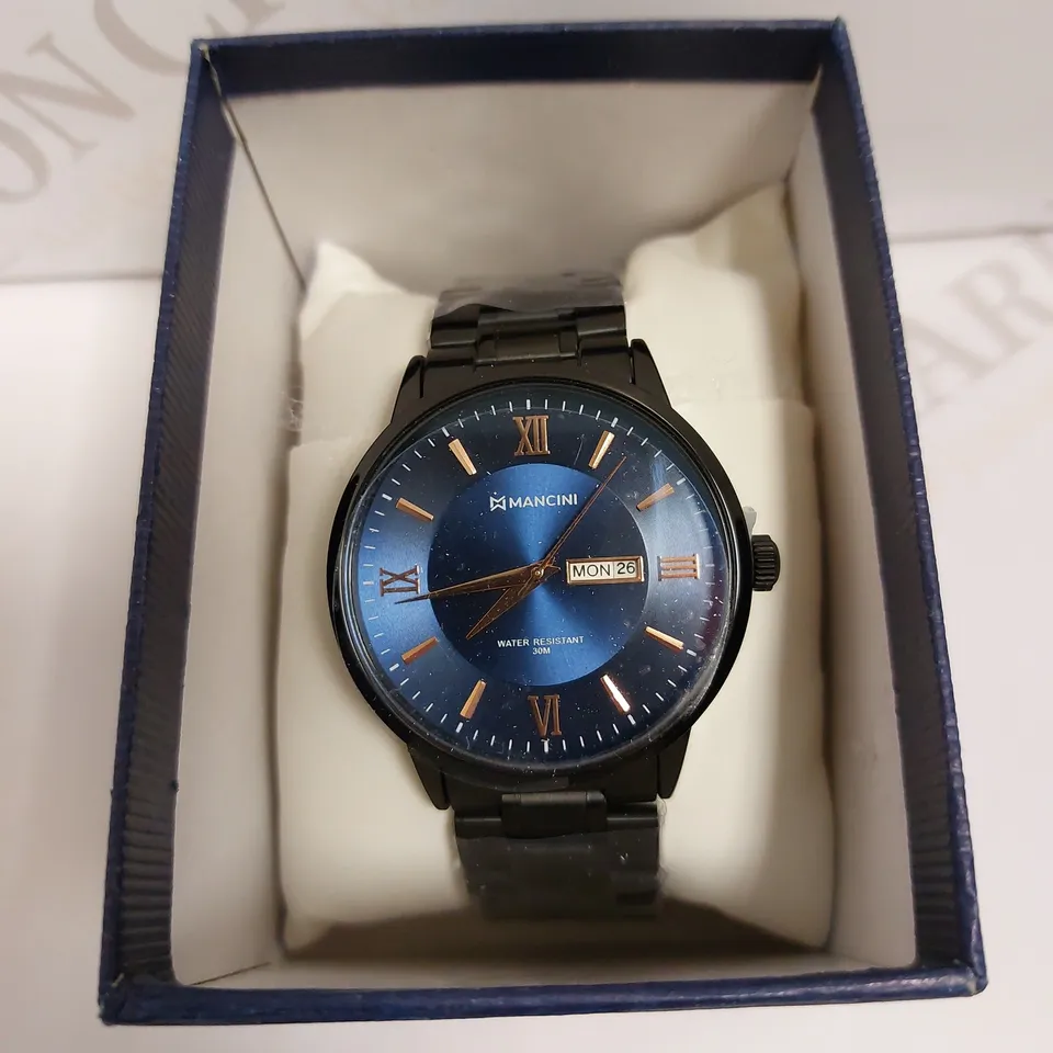 BOXED MANCINI BLACK BRACELET STRAP WITH BLUE FACE WATCH
