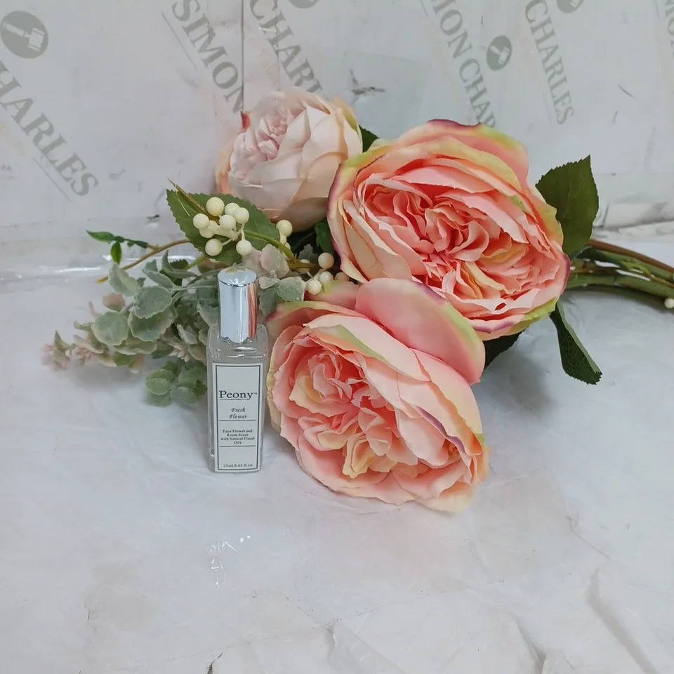 BOXED FAUX FLOWER ARRANGEMENT. COMES WITH GLASS VASE AND PEONY FLOWER/ROOM SCENT 
