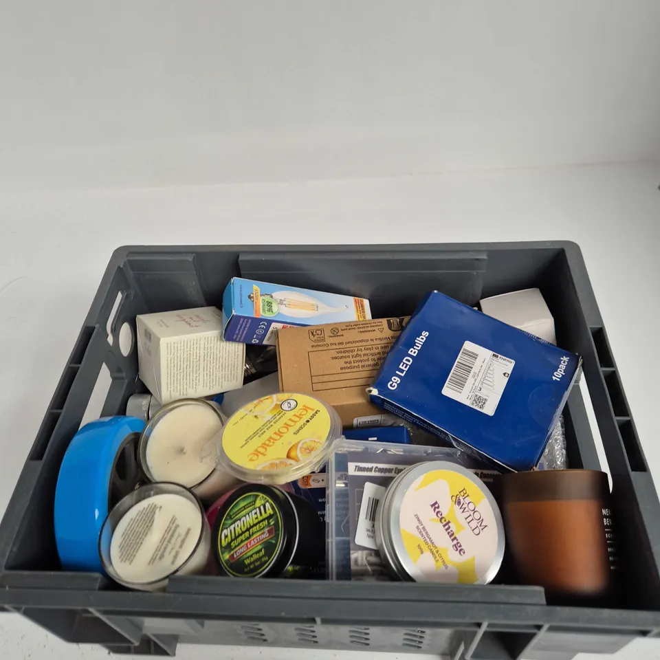 TOTE OF APPROXIMATELY 15 ASSORTED ITEMS INCLUDING NEROLI & BERGAMOT SCENTED CANDLE, GLARKS TINNED COPPER EYELETS TUBULAR SC RING TERMINAL CONNECTORS AND BLOOM & WILD RECHARGE SCENTED CANDLE