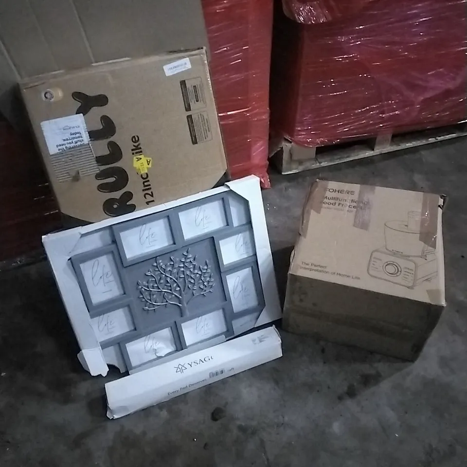 PALLET OF HOUSEHOLD ITEMS TO INCLUDE 12 INCH BIKE, PHOTO FRAME, DESK PAD,FOOD PROCESSOR AND OTHER ASSORTED ITEMS...