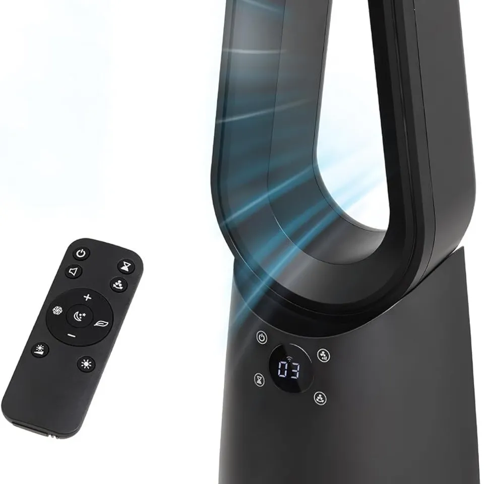 BOXED RUSSELL HOBBS SMART BLADELESS COOLING FAN IN BLACK, 9 SPEED SETTINGS, 3 MODES, TOUCH CONTROLLED BUTTONS, WIFI ENABLED, LED DISPLAY WITH REMOTE, 80° OSCILLATION FUNCTION, 59CM TALL, RHCBLDL10BSM