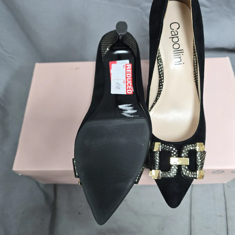 CAPOLLINI BLACK SUEDE HIGH HEELS WITH GOLD BUCKLE EMBELLISHMENT – UK 3.5 (EU 36)