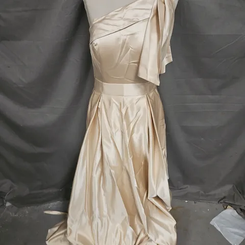 ONE SHOULDER PLEAT SKIRT OCCASION DRESS IN BEIGE SATIN SIZE UNSPECIFIED