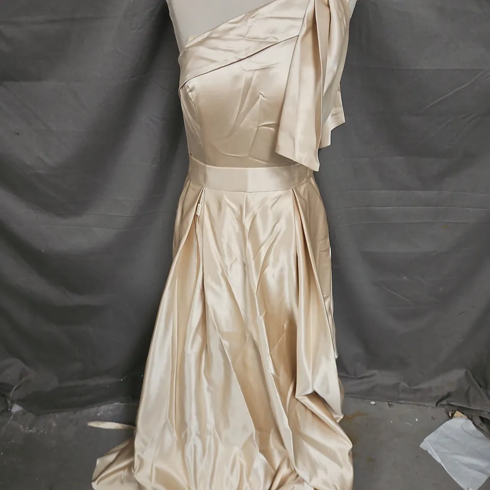 ONE SHOULDER PLEAT SKIRT OCCASION DRESS IN BEIGE SATIN SIZE UNSPECIFIED