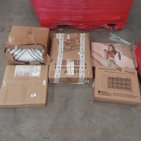 PALLET OF ASSORTED ITEMS INCLUDING: INDOOR INSECT KILLER, MULTIFUNCTIONAL FITNESS BOARD, LED CEILING LAMP, YOGA MAT, RUG ECT