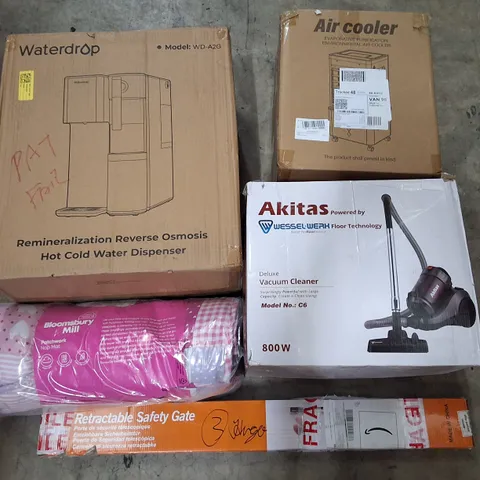 PALLET CONTAINING ASSORTED PRODUCTS INCLUDING HOT COLD WATER DISPENSER, AIR COOLER, VACUUM CLEANER, PATCHWORK NAP MAT & RETRACTABLE SAFETY GATE