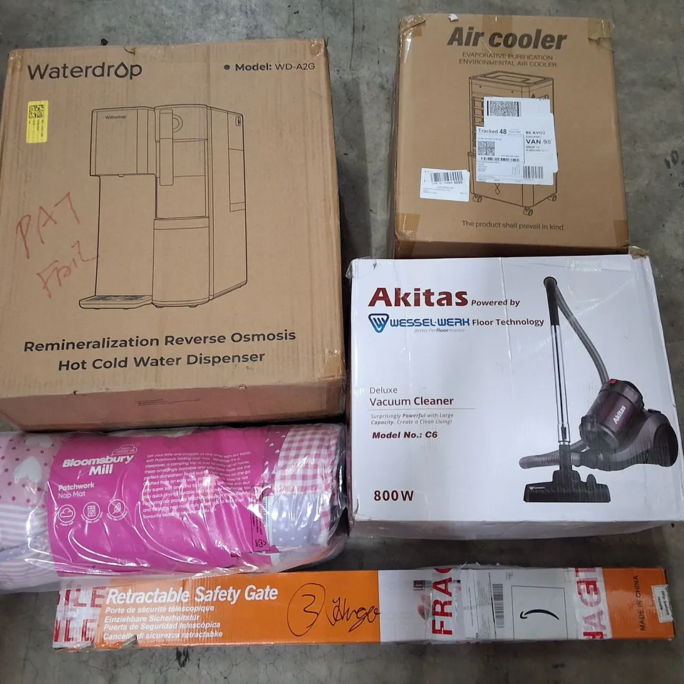 PALLET CONTAINING ASSORTED PRODUCTS INCLUDING HOT COLD WATER DISPENSER, AIR COOLER, VACUUM CLEANER, PATCHWORK NAP MAT & RETRACTABLE SAFETY GATE