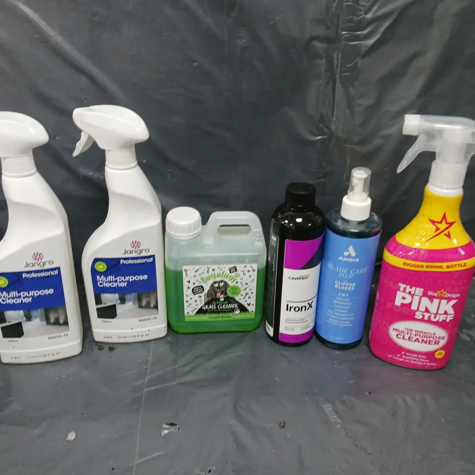 BOX OF APPROXIMATELY 8 ASSORTED ITEMS TO INCLUDE - THE PINK STUFF, MULTI-PURPOSE CLEANER, AND GRASS CLEANER ETC. 