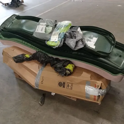 PALLET OF ASSORTED INCOMPLETE OR DAMAGED HOUSEHOLD GOODS AND PRODUCTS TO INCLUDE; TRAMPOLINE PARTS, RYOBI POWER TOOL, SLIDES ETC