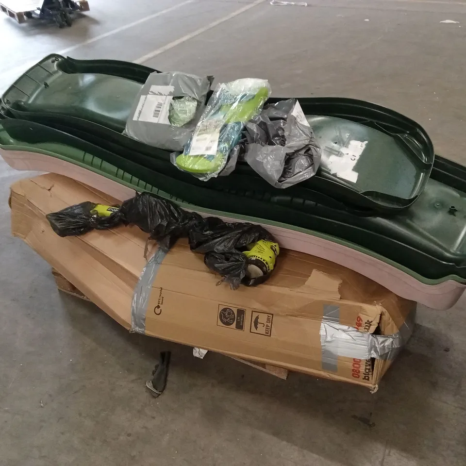 PALLET OF ASSORTED INCOMPLETE OR DAMAGED HOUSEHOLD GOODS AND PRODUCTS TO INCLUDE; TRAMPOLINE PARTS, RYOBI POWER TOOL, SLIDES ETC
