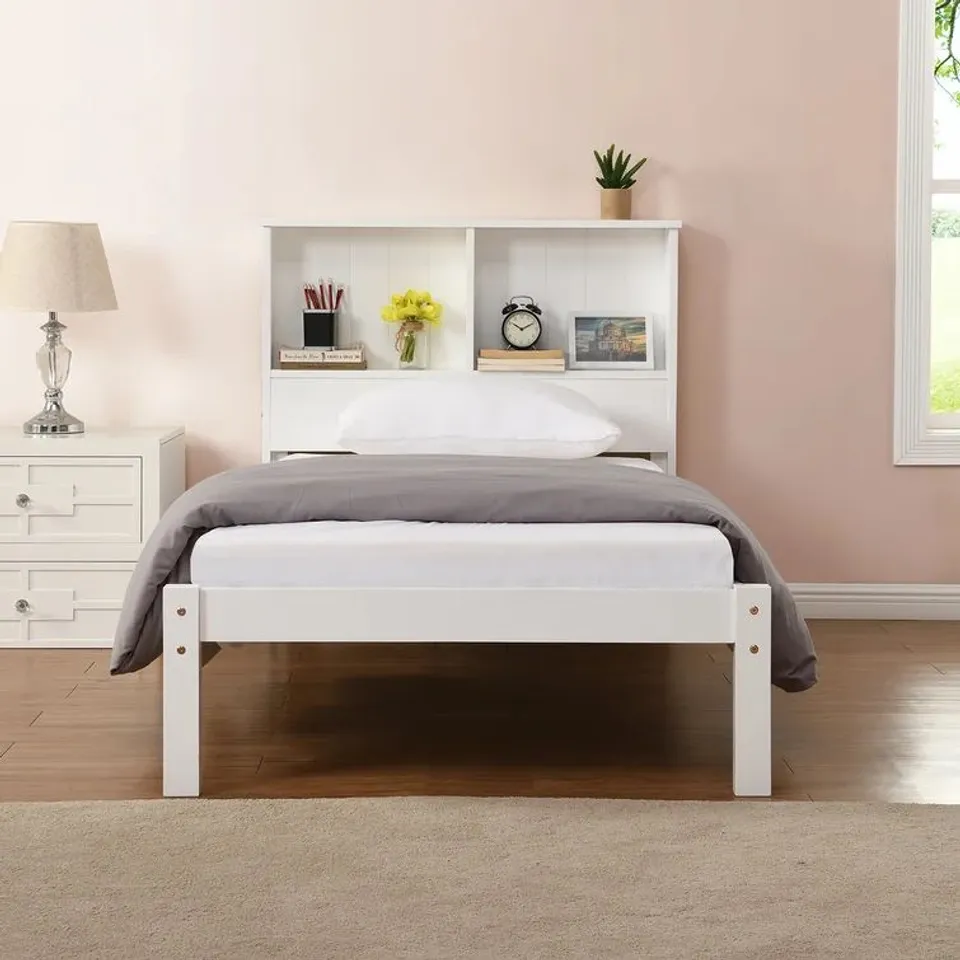 BOXED SHEELAH SOLID WOOD BED FRAME, WHITE // SIZE: SINGLE (2 BOXES)