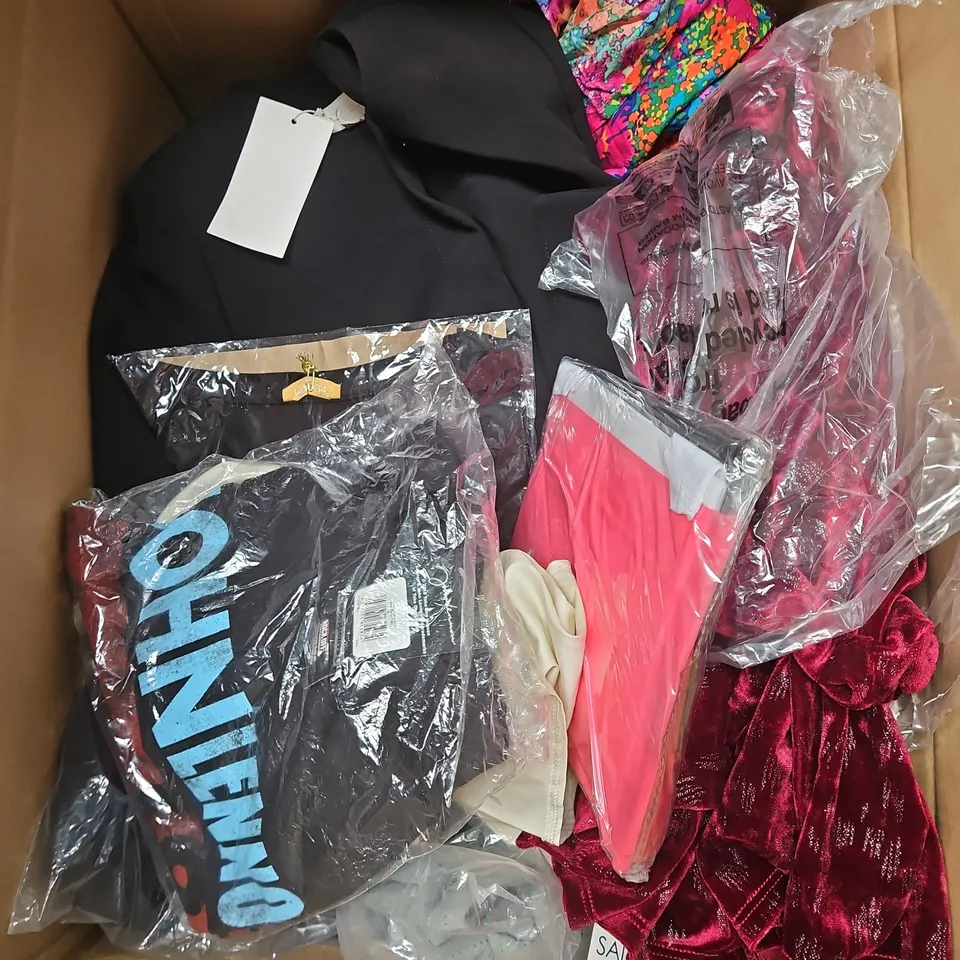 BOX OF APPROXIMATELY 20 ASSORTED CLOTHING ITEMS TO INCLUDE DRESS, TOPS, TROUSERS, ETC