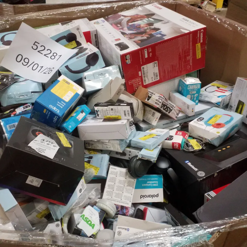 PALLET CONTAINING ASSORTED ELECTRICAL PRODUCTS INCLUDING CANON PIXMA PRINTER, CD BOOMBOX, AERIAL, SELFIE RING LIGHT & VIDEO DOORBELL