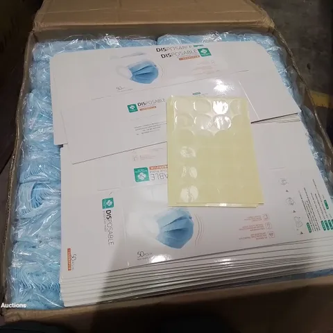 BOX CONTAINING LARGE AMOUNT OF DISPOSABLE PROTECTIVE MASKS AND BOXES.