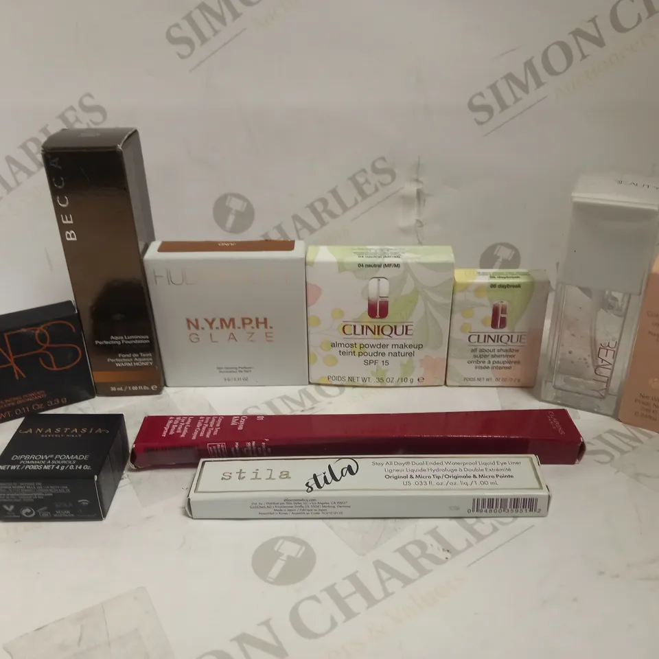 LOT OF 10 ASSORTED MAKE UP ITEMS, TO INCLUDE HUDA BEAUTY, NARS, CLINIQUE, ETC