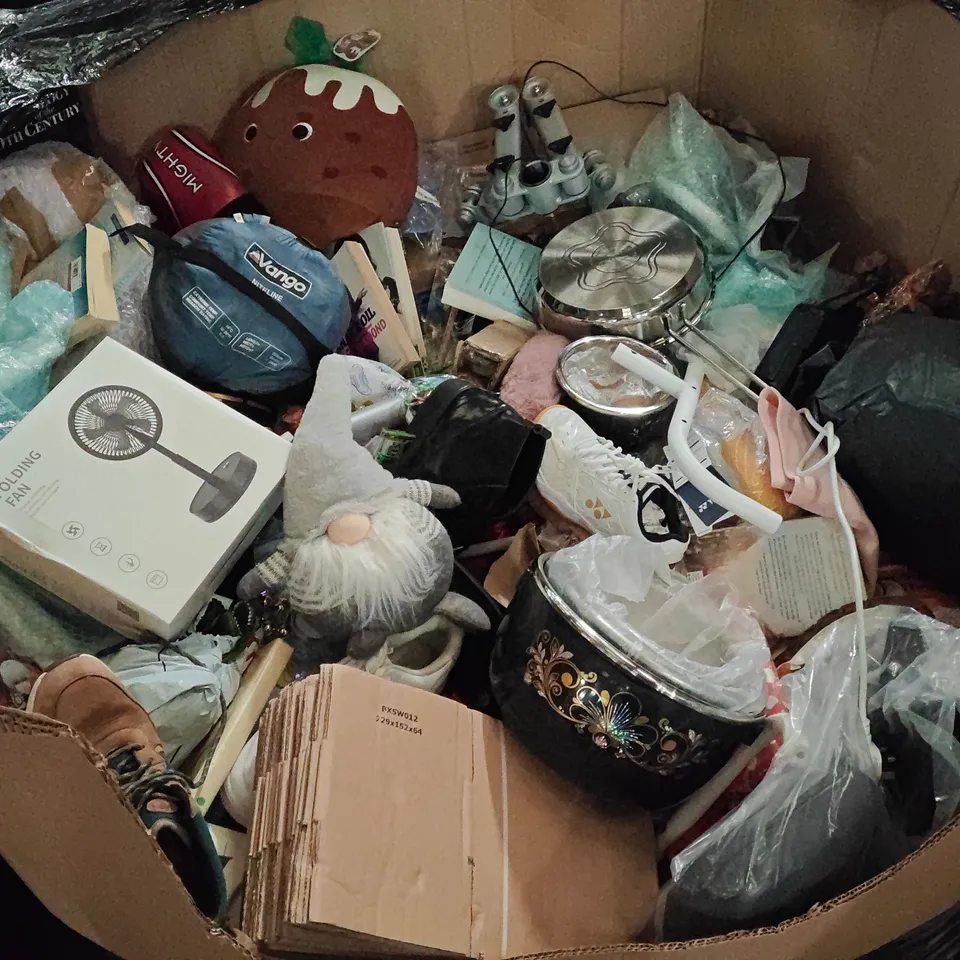 Pallet of assorted household and clothing items to include cardboard box packs, pan set, yonex trainers, Vango sleeping bag and folding fan