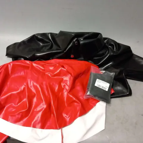 TOTE OF ASSORTED BONDAGE CLOTHING AND ACCESSORIES TO INCLUDE; RUBBER COCKSUCKER HOOD
