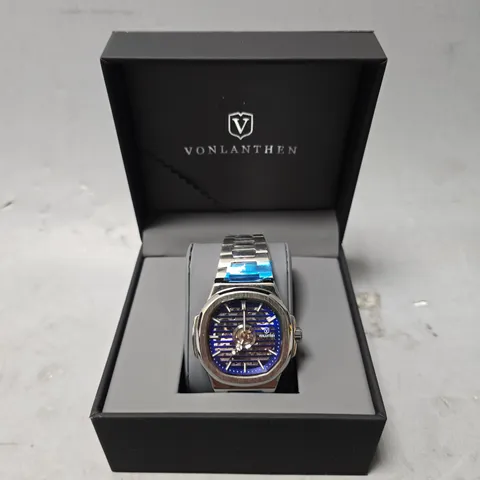 VONLANTHEN AUTOMATIC WATCH – BLUE SKELETON DIAL – STAINLESS STEEL STRAP – GLASS EXHIBITION BACK CASE