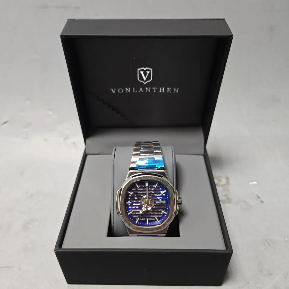 VONLANTHEN AUTOMATIC WATCH – BLUE SKELETON DIAL – STAINLESS STEEL STRAP – GLASS EXHIBITION BACK CASE 