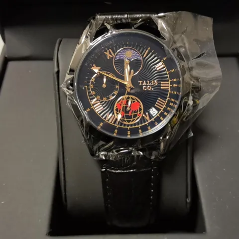 TALIS CO BLACK STAINLESS STEEL GENTS MOON PHASE WATCH WITH BLACK LEATHER STRAP