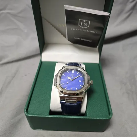 MENS FRANK SCHMIDT WATCH – BLUE DIAL & BLUE LEATHER STRAP - STAINLESS STEEL BACKCASE – 3ATM WATER RESISTANT – GIFT BOX