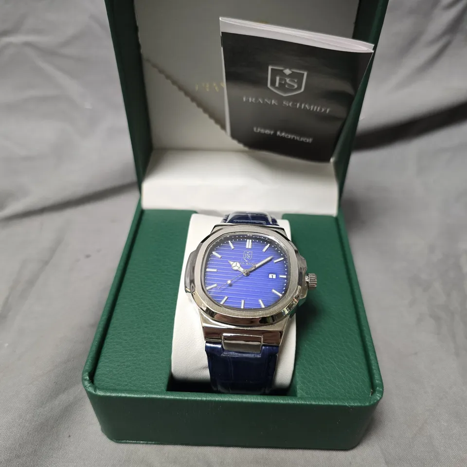 MENS FRANK SCHMIDT WATCH – BLUE DIAL & BLUE LEATHER STRAP - STAINLESS STEEL BACKCASE – 3ATM WATER RESISTANT – GIFT BOX