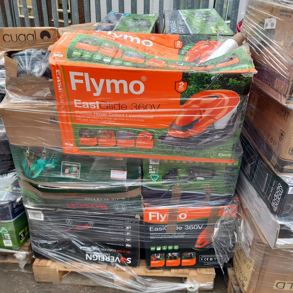 PALLET OF ASSORTED GARDEN POWER TOOLS TO INCLUDE; FLYMO EASI GLIDE LAWN MOWER AND SOVEREIGN CORDLESS LAWN MOWER