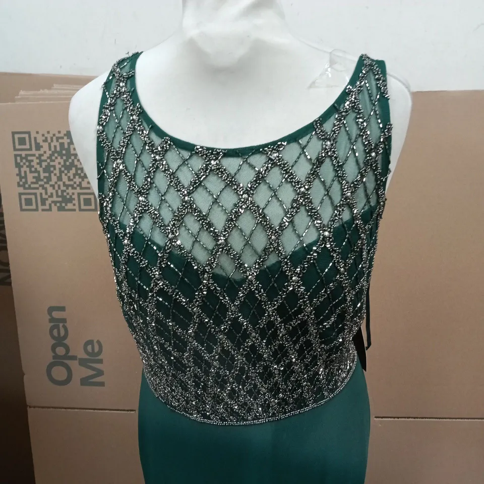 PAPELLE STUDIOS TEAL EVENING GOWN WITH SILVER BEADED LATTICE OVERLAY – UK SIZE 18