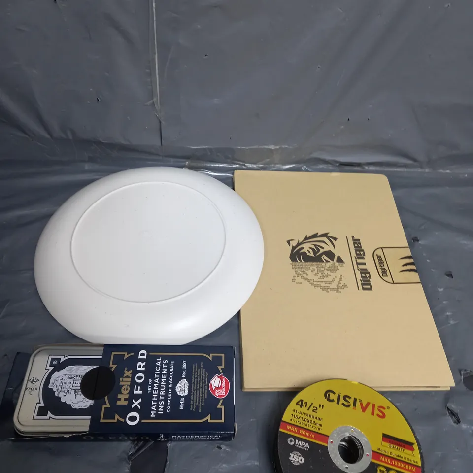 APPROXIMATELY 10 ASSORTED HOUSEHOLD ITEMS TOO INCLUDE CUTTING WHEELS , MATHEMATICAL INSTRUMENTS  , GOLF BALLS , ETC 