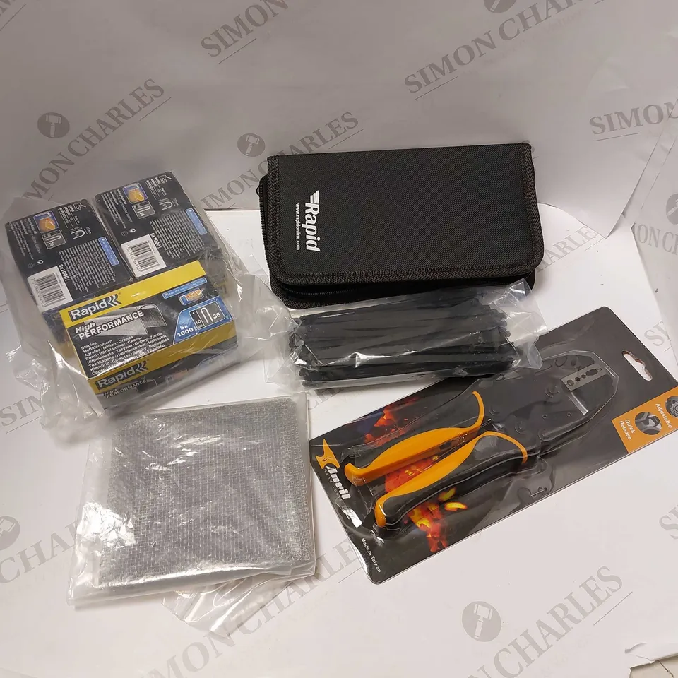 BOX OF APPROX 10 ITEMS TO INCLUDE ROLSON JUNIOR HACKSAW BLADES, RAPID HIGH PERFORMANCE STAPLES AND WIRE GAUZE