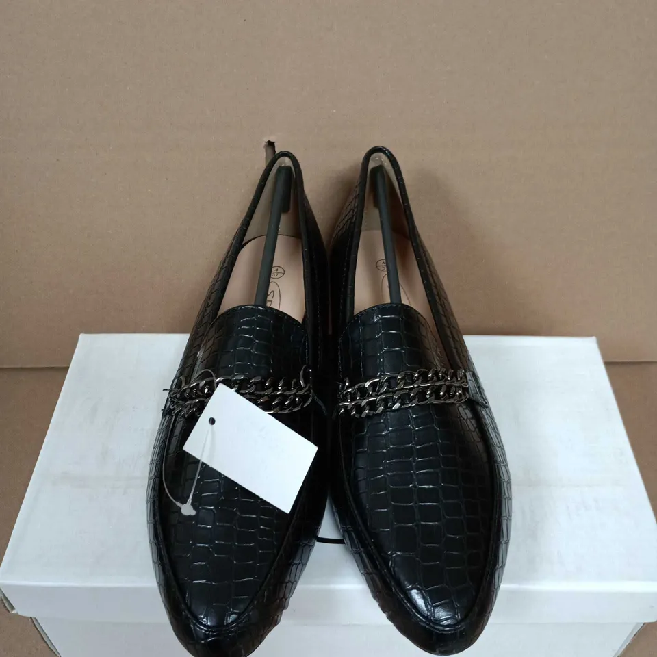BOXED PAIR OF SPOT ON WOMEN'S BLACK CROC-EMBOSSED LEATHER LOAFERS - UK SIZE 4