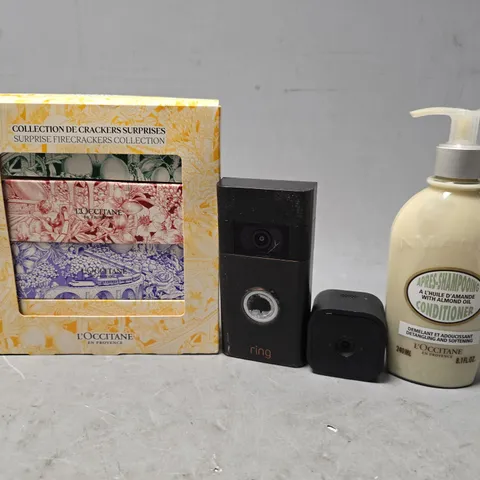 BOX OF 6 ASSORTED ITEMS TO INCLUDE - L'OCCITAN CONDITIONER , RING DOORBELL , BLINK CAMERA ETC