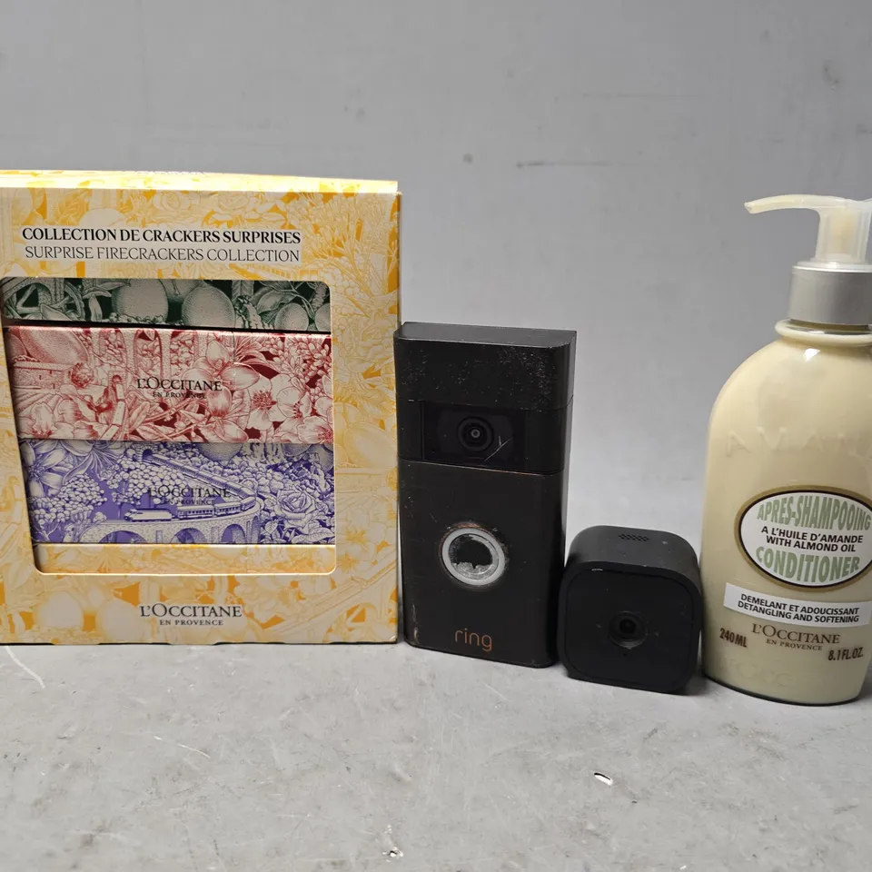 BOX OF 6 ASSORTED ITEMS TO INCLUDE - L'OCCITAN CONDITIONER , RING DOORBELL , BLINK CAMERA ETC