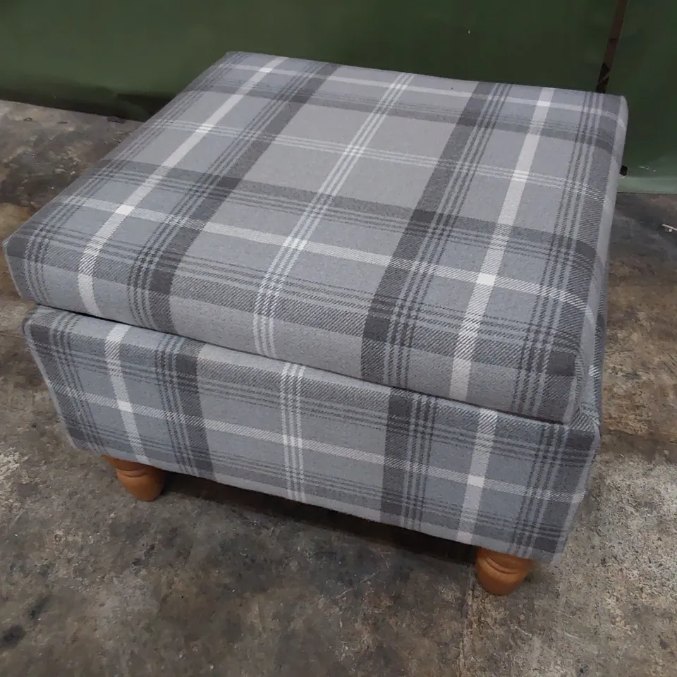 DESIGNER STORAGE FOOTSTOOL GREY CHECKED FABRIC 