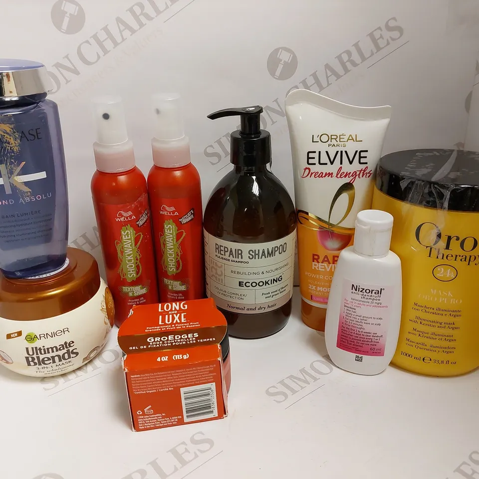 LOT OF APPROX 8 ASSORTED HAIRCARE PRODUCTS TO INCLUDE KERASTASE BLOND ABSOLU SHAMPOO, WELLA SHOCKWAVES GEL SPRAY, ORO THERAPY 24K ARGAN HAIR MASK, ETC 
