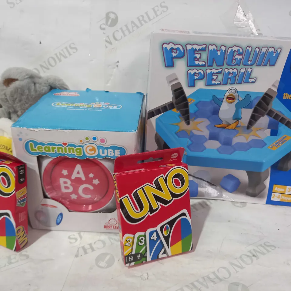 BOX OF APPROXIMATELY 8 ASSORTED TOYS AND GAMES TO INCLUDE PENGUIN PERIL, LEARNING CUBE, UNO, ETC