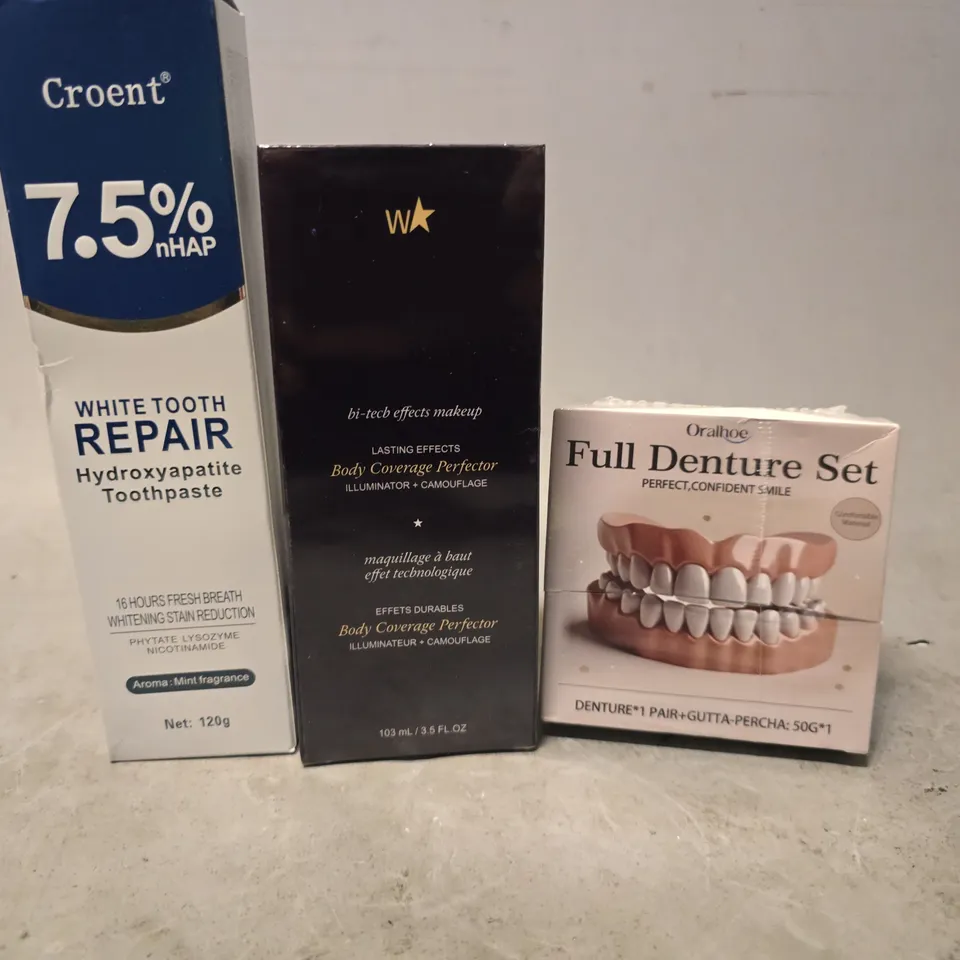 APPROXIMATELY 15 ASSORTED HEALTH & BEAUTY ITEMS TO INCLUDE - FULL DENTURE SET , CROENT WHITE TOOTH REPAIR ETC