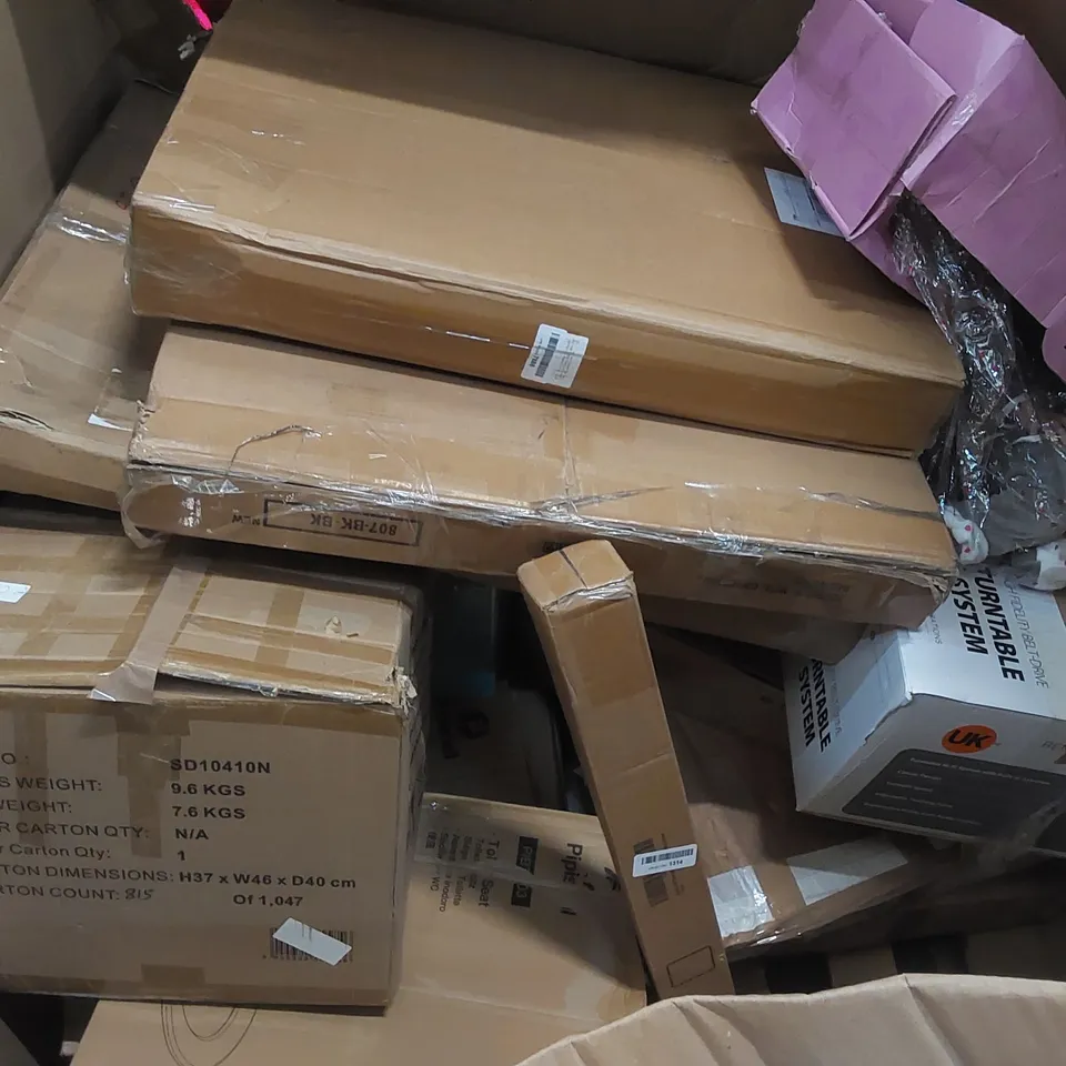 PALLET OF ASSORTED ITEMS INCLUDING DOUBLE AIR FRYER, TOILET SEAT, MOBILE TV STAND, RETRACTABLE BABY GATE