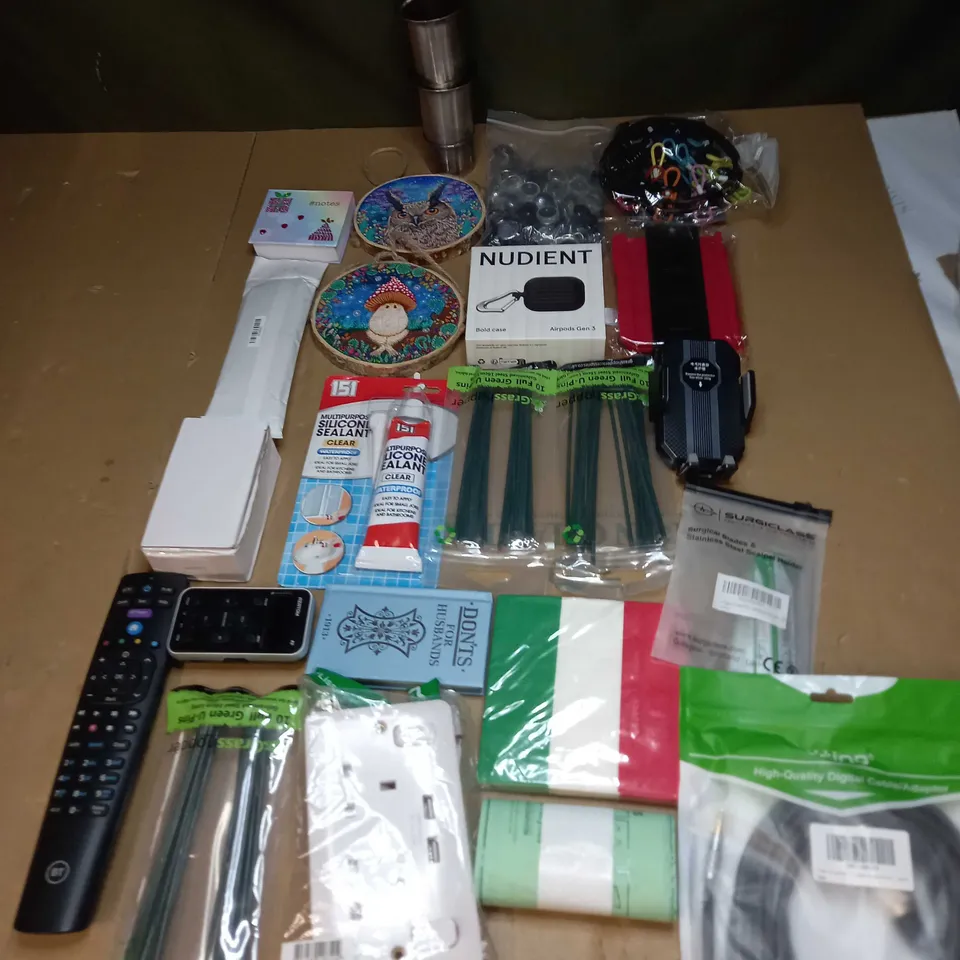 LOT OF ASSORTED ITEMS TO INCLUDE REMOTE CONTROLS, SILICONE SEALANT AND GREEN U-PINS