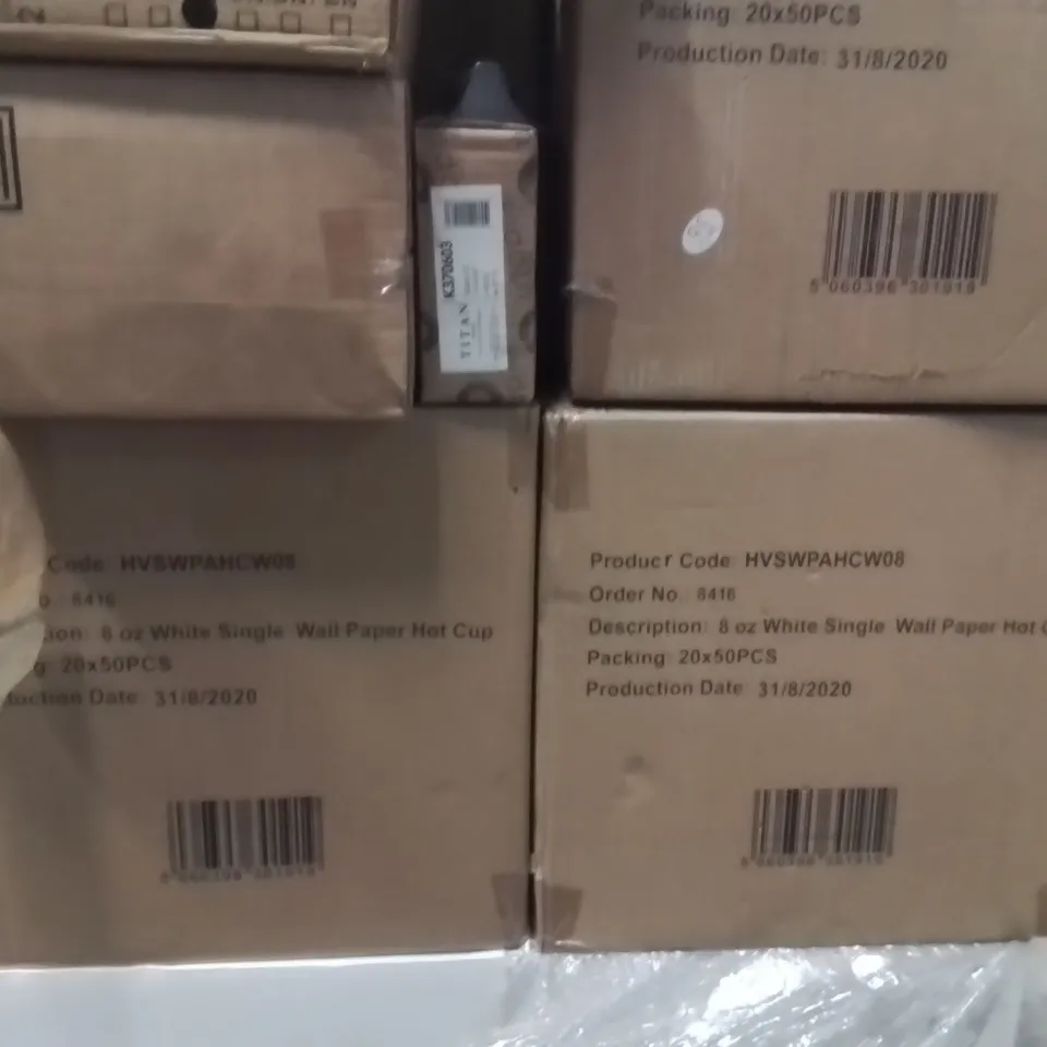 PALLET OF CATERING SUPPLIES TO INCLUDE;PLASTIC CUPS,CLEANING HAND-WASH,CUTLERY,BOWLS