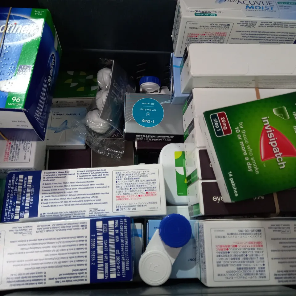 BOX OF APPROX 22 ASSORTED VISION CARE ITEMS TO INCLUDE -  BOOTS CONTACT LENS CARE - NICORETTE FRUIT FUSION GUM - ACUVUE MOIST ECT