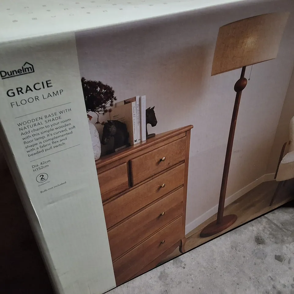 BOXED DUNELM GRACIE FLOOR LAMP – WOODEN BASE WITH NATURAL SHADE