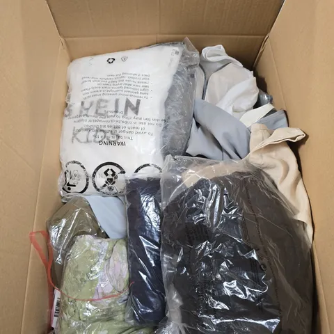 LARGE BOX OF APPROXIMATELY 25 ASSORTED CLOTHING ITEMS IN VARIOUS COLOURS, STYLES AND SIZES - COLLECTION ONLY