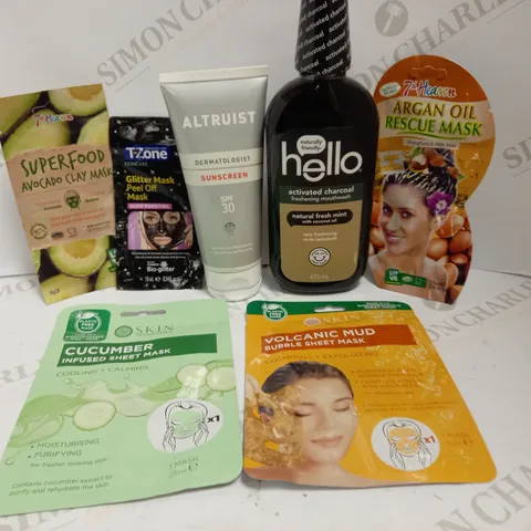 LOT OF APPROX 6 TO INCLUDE ACTIVATED CHARCOAL MOUTHWASH , SUNSCREEN , CUCUMBER INFUSED SHEET MASK , ETC