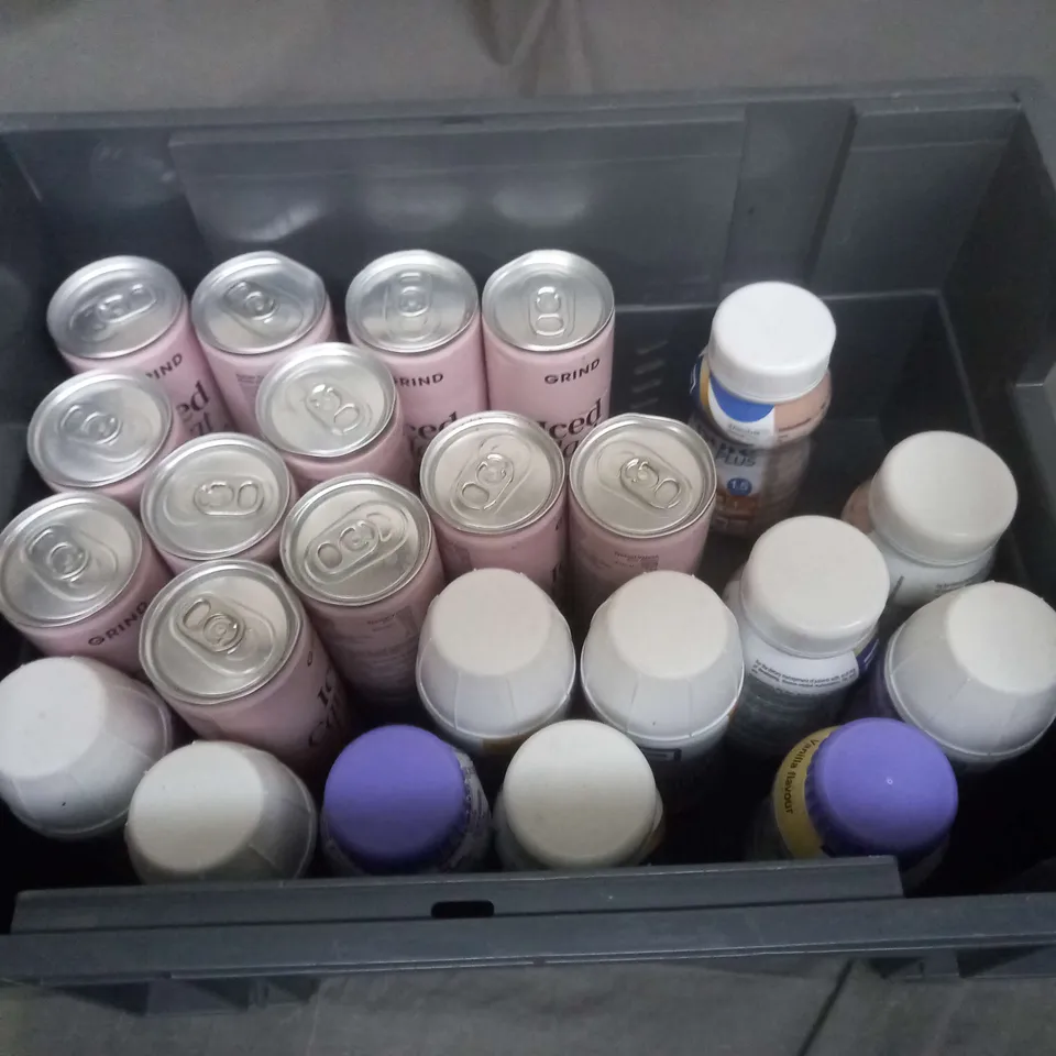 APPROXIMATELY 20 ASSORTED FOOD AND BEVERAGE PRODUCTS TO INCLUDE : GRIND ICED CARAMEL LATTE/FLAT WHITE COFFEE AND BLACK COFFEE, NUTRICIA SUPPLEMENT DRINK.