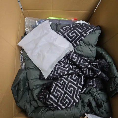 LARGE BOX OF ASSORTED CLOTHING ITEMS IN VARIOUS SIZES, STYLES AND COLOUR 