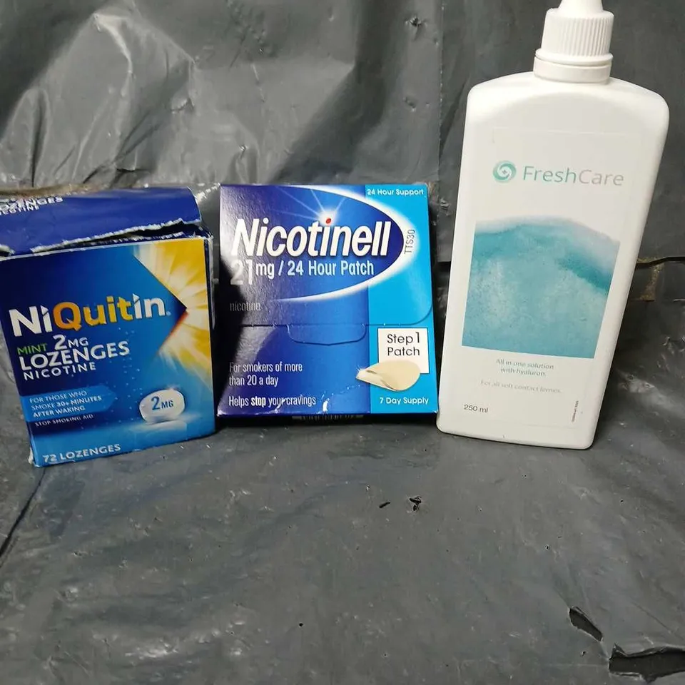 APPROXIMATELY 15 HEALTH AND BEAUTY PRODUCTS TO INCLUDE NICOTINELL PATCHES, NIQUITIN LOZENGES AND FRESH CARE EYE SOLUTION