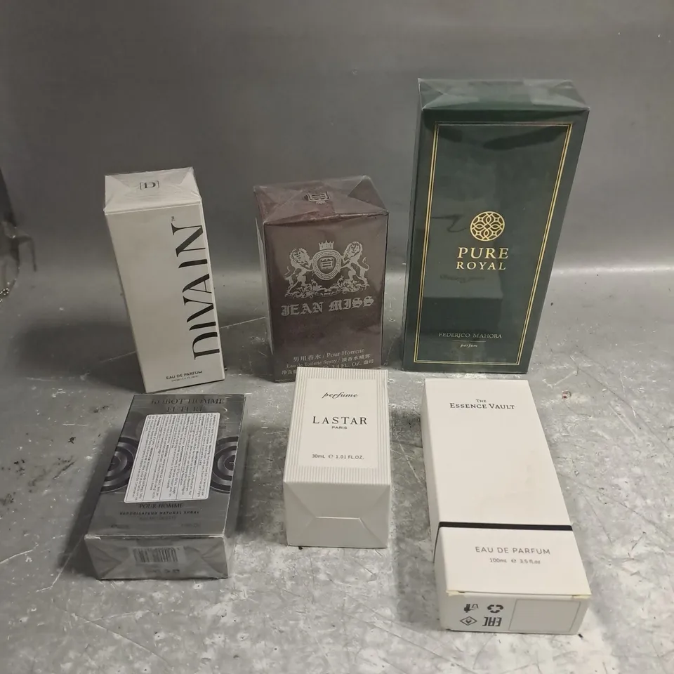 APPROXIMATELY 6 ASSORTED BOXED FRAGRANCES TO INCLUDE - FEDERICO MAHORA PURE ROYAL - LASTAR PERFUME - THE ESSENCE VAULT - ETC