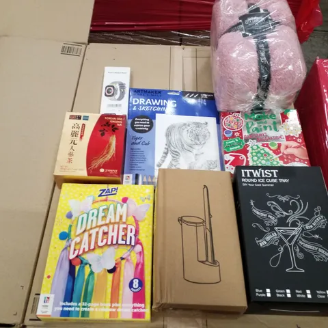 PALLET OF 4 BOXES CONTAINING ASSORTED PRODUCTS INCLUDING DREAM CATCHER, SMART WATCH BAND, ROUND ICE CUBE TRAY, TOILET BRUSH, MAKE & PAINT CHRISTMAS DECORATIONS