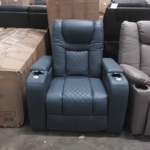 QUALITY DESIGNER FAUX LEATHER ELECTRIC RECLINING ARMCHAIR WITH CUPHOLDERS - BLUE